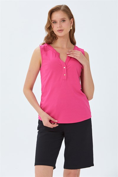 V Yaka Omuzu Nervürlü Önü Çıtçıtlı Bluz 026-1024