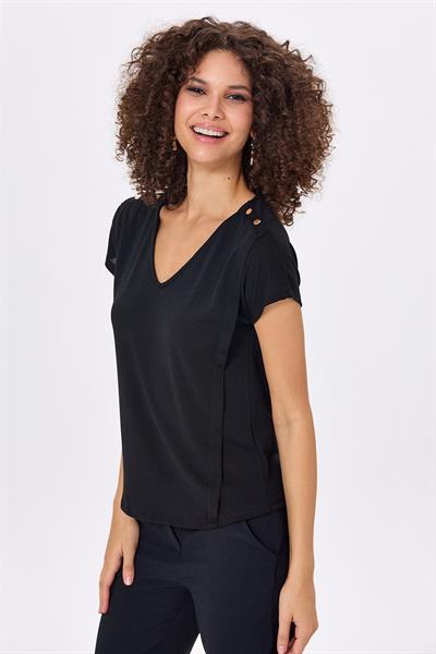 V Yaka Omzu Çıtçıt Detaylı Bluz 025-1012