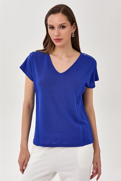 V Yaka Omzu Çıtçıt Detaylı Bluz 025-1012