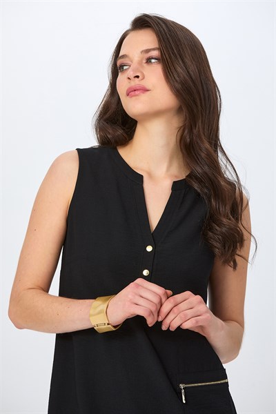 V Yaka Önü Çıtçıtlı Cep Detaylı Elbise 026-4001
