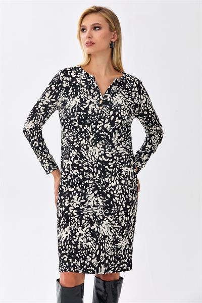 V Yaka Önü Çıtçıtlı Elbise 256-2502