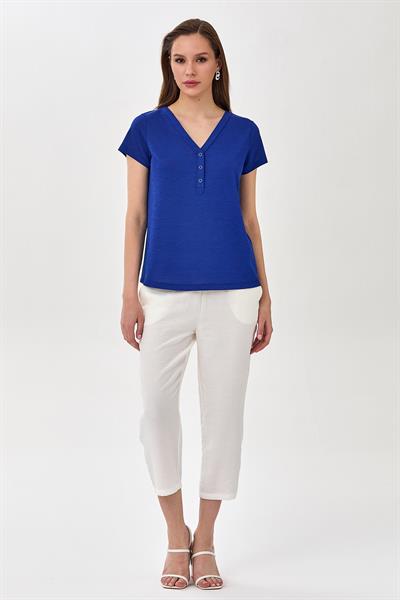 V Yaka Önü Çıtçıtlı Kısa Kol Bluz 025-1047