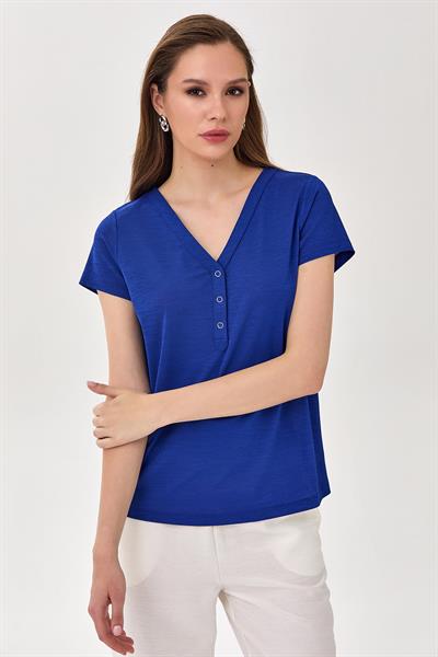 V Yaka Önü Çıtçıtlı Kısa Kol Bluz 025-1047