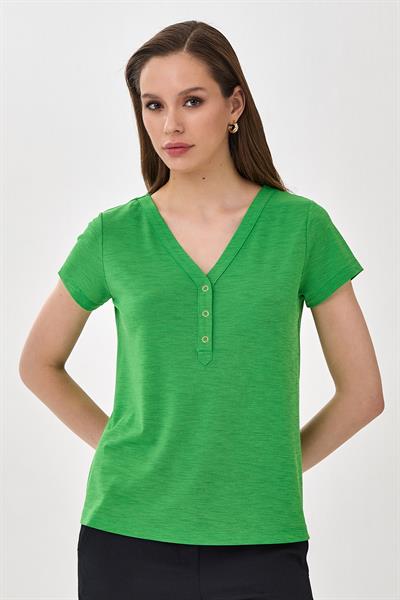 V Yaka Önü Çıtçıtlı Kısa Kol Bluz 025-1047