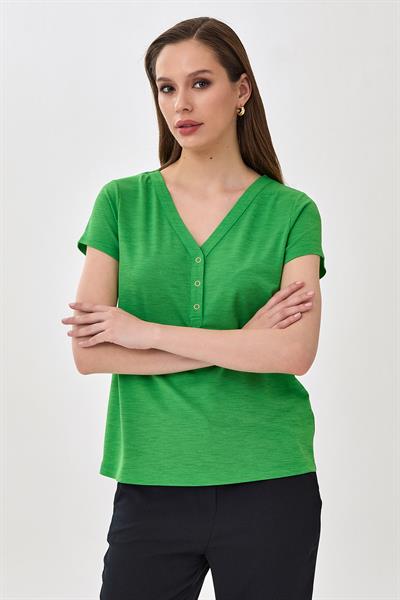 V Yaka Önü Çıtçıtlı Kısa Kol Bluz 025-1047