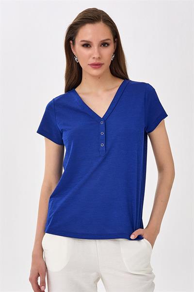 V Yaka Önü Çıtçıtlı Kısa Kol Bluz 025-1047