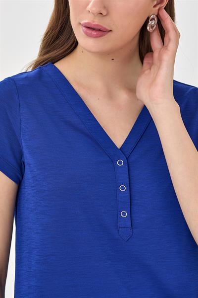 V Yaka Önü Çıtçıtlı Kısa Kol Bluz 025-1047