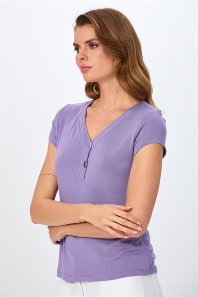V Yaka Önü Çıtçıtlı Kısa Kol Bluz 026-1006