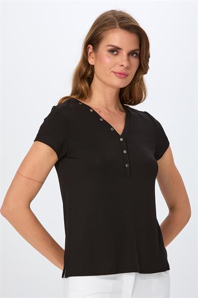 V Yaka Önü Çıtçıtlı Kısa Kol Bluz 026-1008