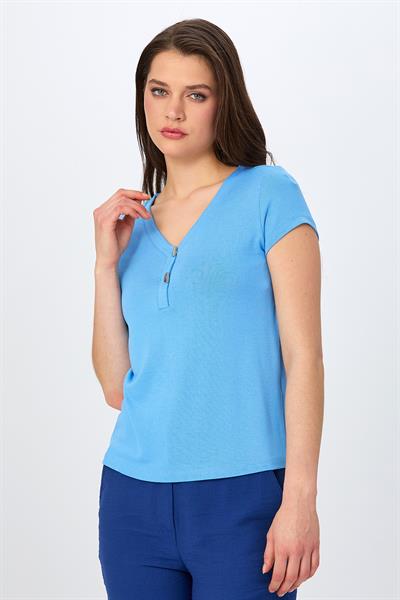 V Yaka Önü Çıtçıtlı Kısa Kol Bluz 026-1006