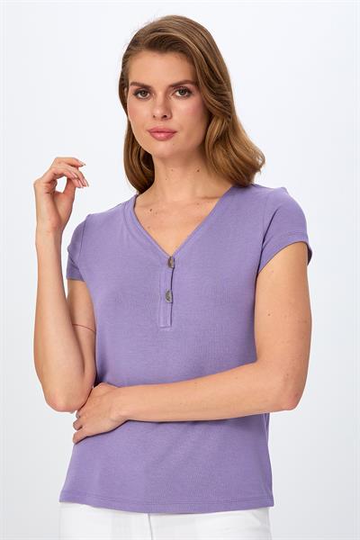 V Yaka Önü Çıtçıtlı Kısa Kol Bluz 026-1006