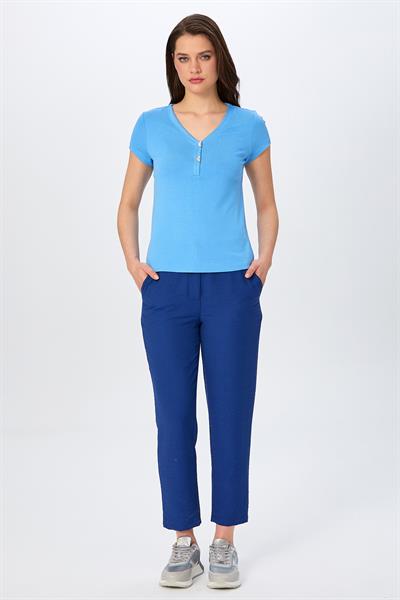 V Yaka Önü Çıtçıtlı Kısa Kol Bluz 026-1006