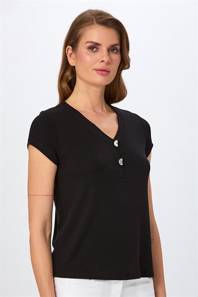 V Yaka Önü Çıtçıtlı Kısa Kol Bluz 026-1006