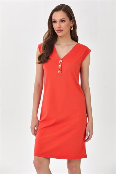 V Yaka Önü Düğme Detaylı Elbise 025-2516