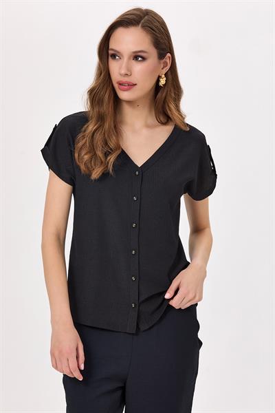 V Yaka Önü Düğmeli Apoletli Bluz 025-1029