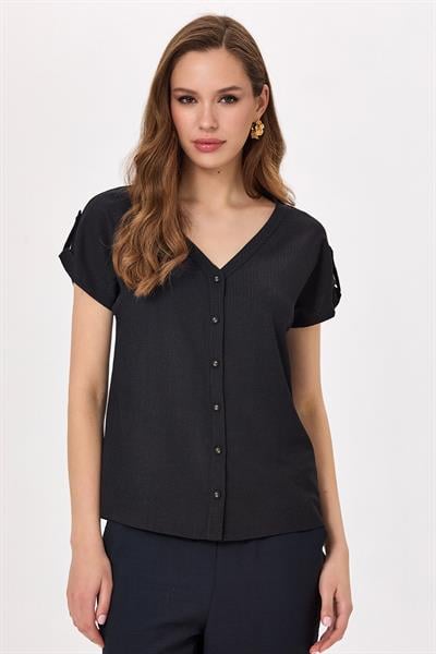 V Yaka Önü Düğmeli Apoletli Bluz 025-1029