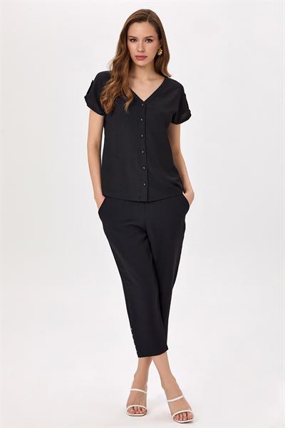 V Yaka Önü Düğmeli Apoletli Bluz 025-1029