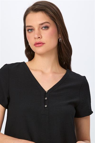 V Yaka Önü Düğmeli Kısa Kol Bluz 026-3002