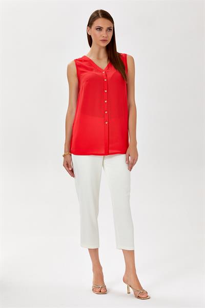 V Yaka Önü Düğmeli Kolsuz Bluz 024-3019