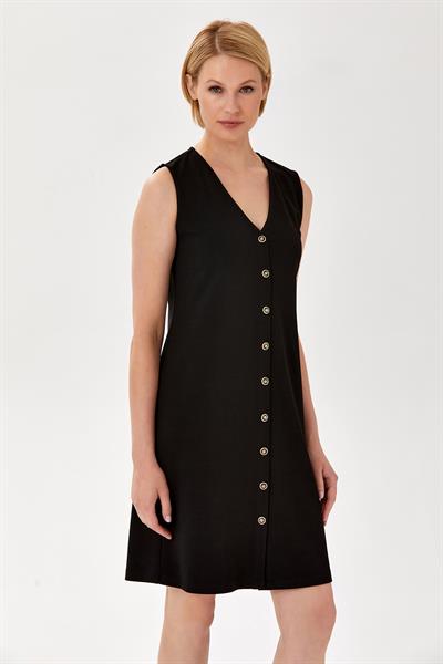 V Yaka Önü Düğmeli Kolsuz Elbise 024-2512