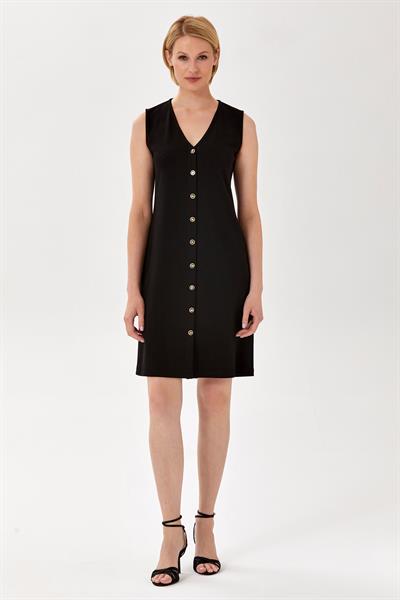 V Yaka Önü Düğmeli Kolsuz Elbise 024-2512