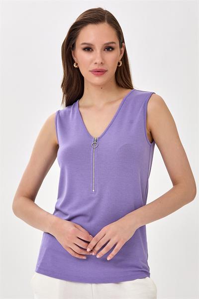 V Yaka Önü Fermuarlı Kolsuz Bluz 025-1008