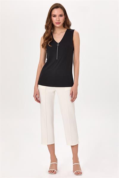 V Yaka Önü Fermuarlı Kolsuz Bluz 025-1008