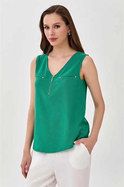 V Yaka Önü Fermuarlı Kolsuz Bluz 025-1025