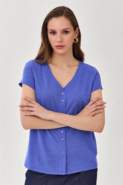 V Yaka Önü Metal Aksesuarlı Bluz 025-1046