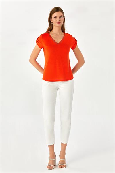V Yaka Sim Şerit Detaylı Kolu Apoletli Bluz 024-1038
