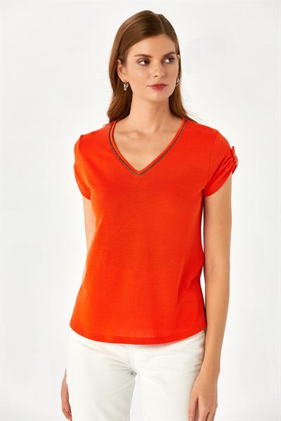 V Yaka Sim Şerit Detaylı Kolu Apoletli Bluz 024-1038