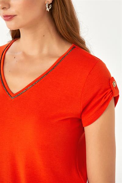 V Yaka Sim Şerit Detaylı Kolu Apoletli Bluz 024-1038