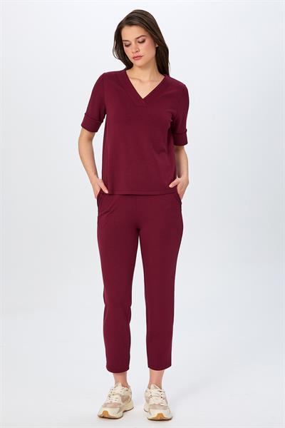 V Yaka Yakası Nervür Detaylı Kısa Kol S-Shirt 026-2114