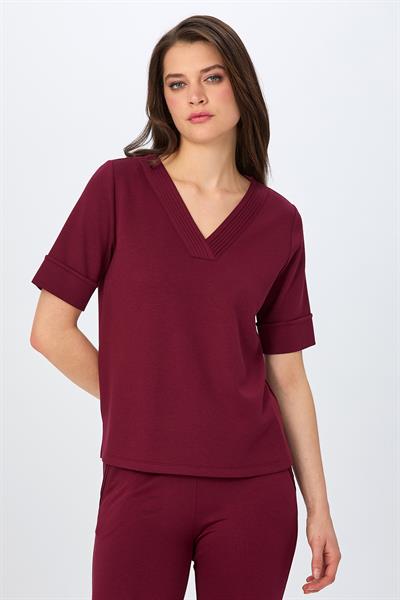 V Yaka Yakası Nervür Detaylı Kısa Kol S-Shirt 026-2114