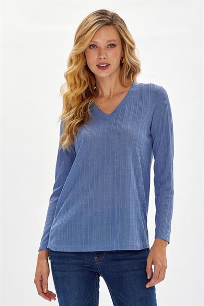 V Yaka Yanı Çıtçıtlı Uzun Kol Bluz 234-1711