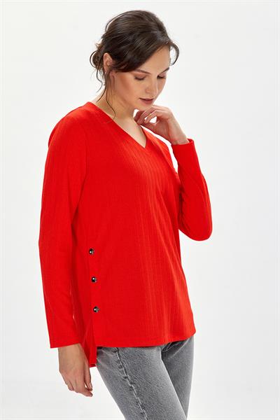 V Yaka Yanı Çıtçıtlı Uzun Kol Bluz 234-1711