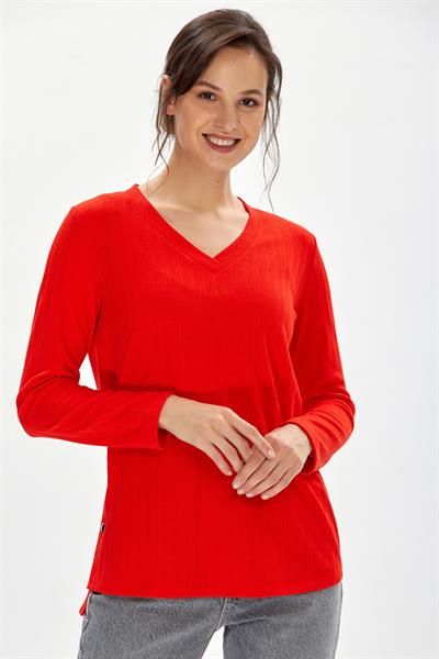 V Yaka Yanı Çıtçıtlı Uzun Kol Bluz 234-1711