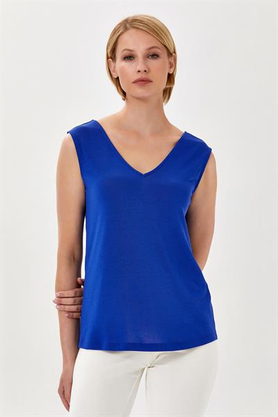 V Yaka Yanı Şerit Detaylı Kolsuz Bluz 024-1026