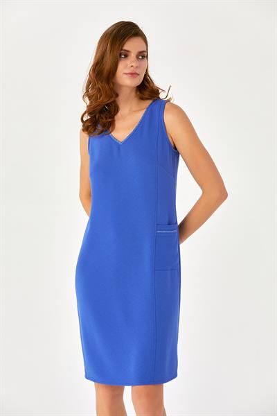 Yaka ve Cebi Sim Şeritli V Yaka Kolsuz Elbise 024-4002