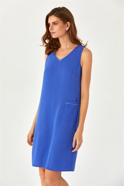 Yaka ve Cebi Sim Şeritli V Yaka Kolsuz Elbise 024-4002