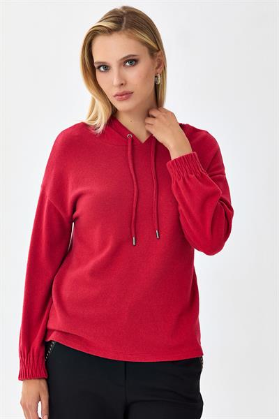 Yakası Bağcıklı Kapüşonlu Triko Bluz 256-1716