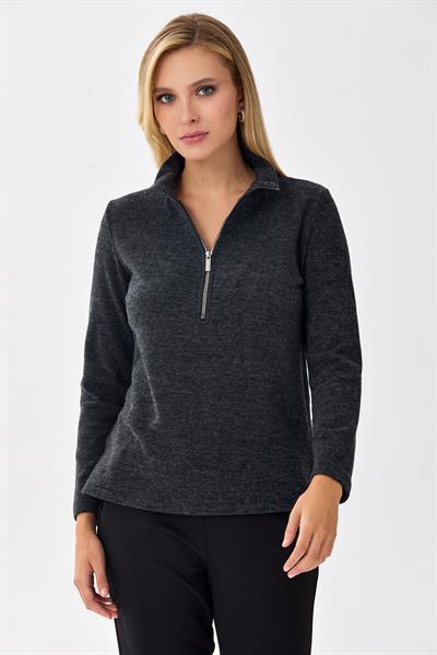 Yakası Fermuarlı Uzun Kol Triko Bluz 256-1708