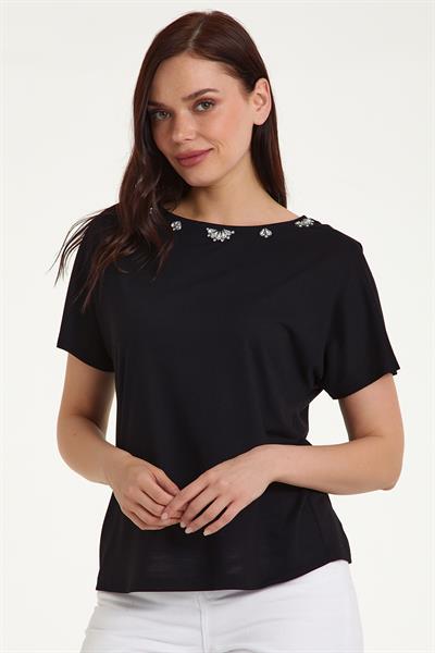 Yakası Taş Aksesuarlı Düşük Kol Bluz 023-1062