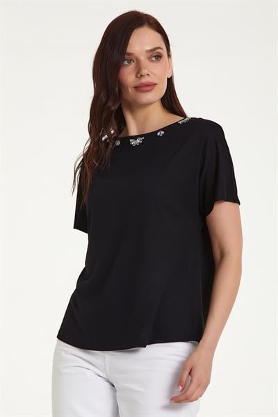 Yakası Taş Aksesuarlı Düşük Kol Bluz 023-1062