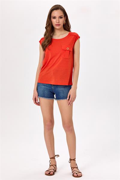 Yuvarlak Yaka Cep Detaylı Bluz 025-1018
