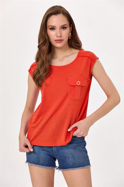 Yuvarlak Yaka Cep Detaylı Bluz 025-1018