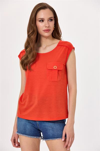Yuvarlak Yaka Cep Detaylı Bluz 025-1018
