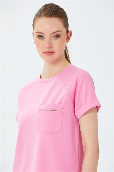 Yuvarlak Yaka Cep Detaylı Duble Kol S-Shirt 026-2116