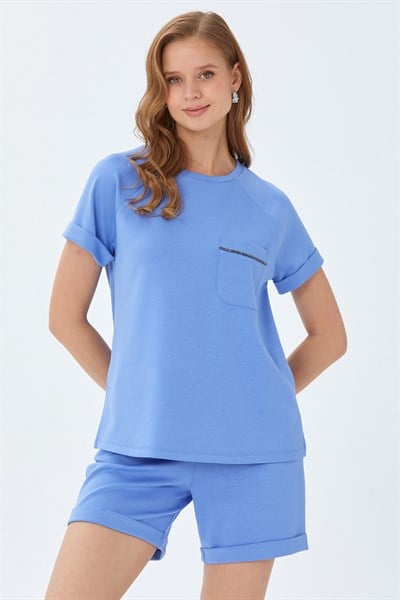 Yuvarlak Yaka Cep Detaylı Duble Kol S-Shirt 026-2116