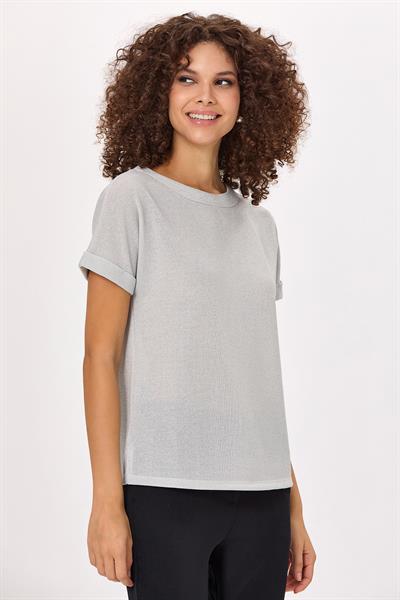 Yuvarlak Yaka Duble Kol Simli Bluz 025-1002